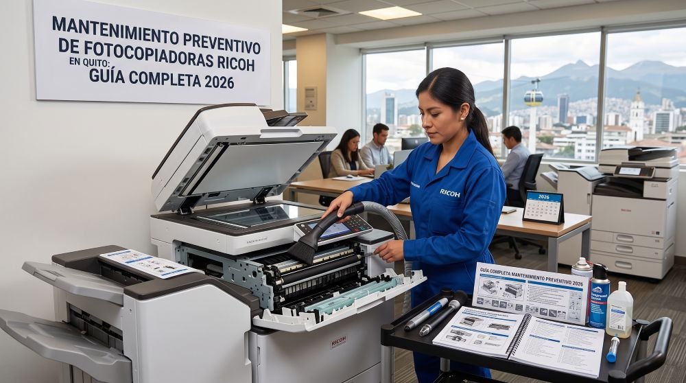 Técnico realizando mantenimiento preventivo a fotocopiadora Ricoh en oficina de Quito Ecuador